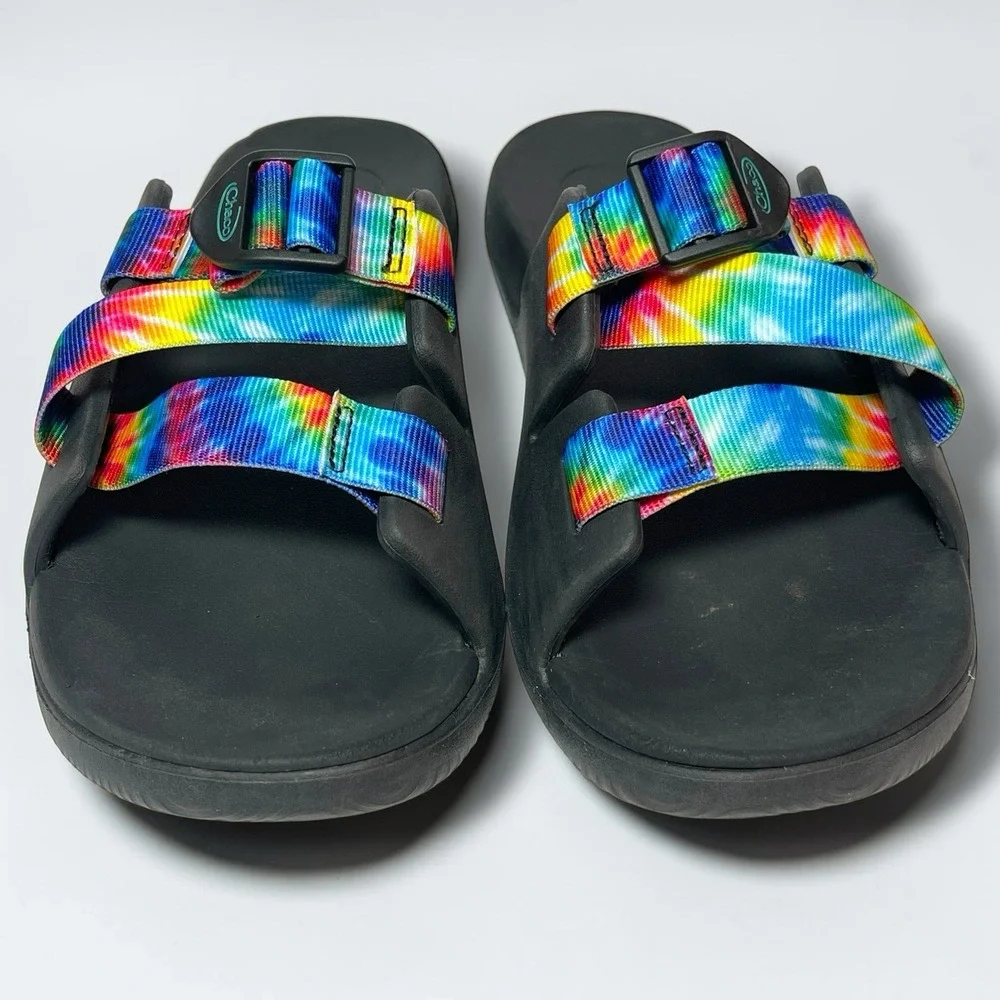 Chaco Chillos Kids Youth 6 Slide Sandal Tie Dye Black/Rainbow Nylon Slip On